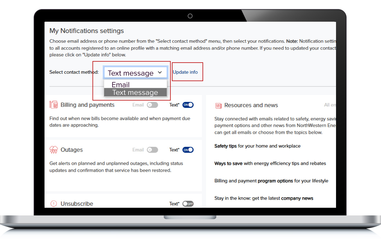 Mockup showing how to switch between email and text notification settings